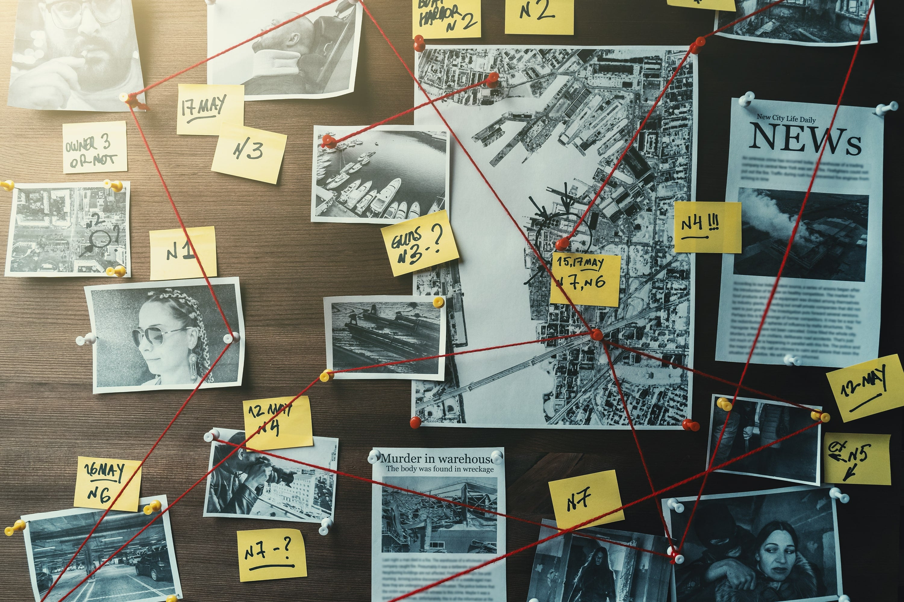 Detektivtafel mit Fotos von mutmaßlichen Kriminellen, Tatorten und Beweisen mit roten Fäden